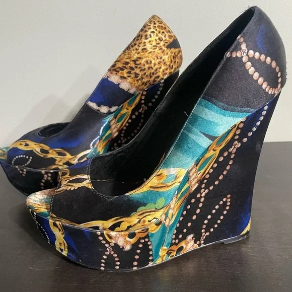 ALDO Platform peep-toe Retro Y2K leopard & gold chain print satin feel size 9 - Picture 2 of 14